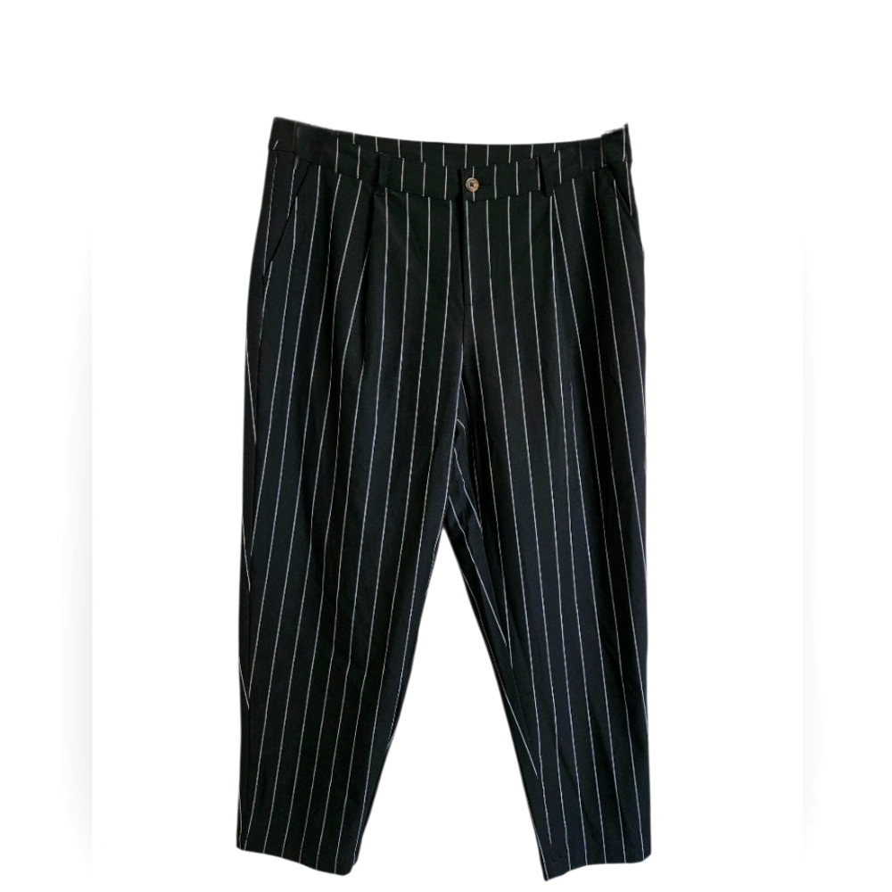 Future Collective  Black Pinstripe Mid-Rise Front Pleated Pants 12 NEW